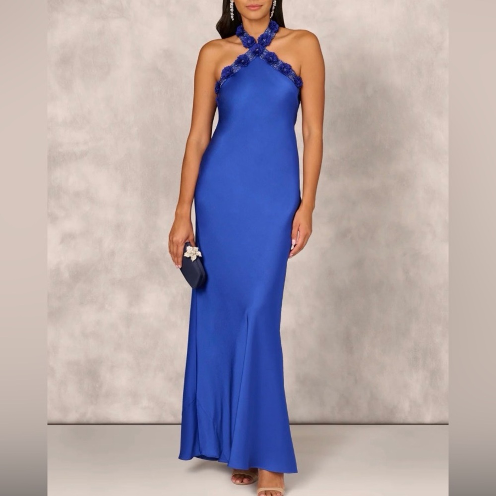 Aidan Mattox by Adrianna Papell Cobalt Blue Halter Lace-Trim Maxi Gown